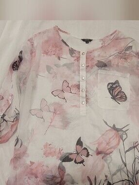Women’s Sheer Pink Floral & Butterfly Blouse with Front Button Placket